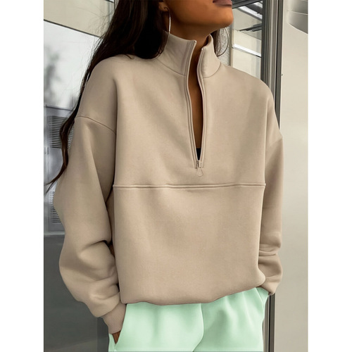 New European and American Style Light Purple Half-Zip Casual Sport T-shirt Long T-shirt