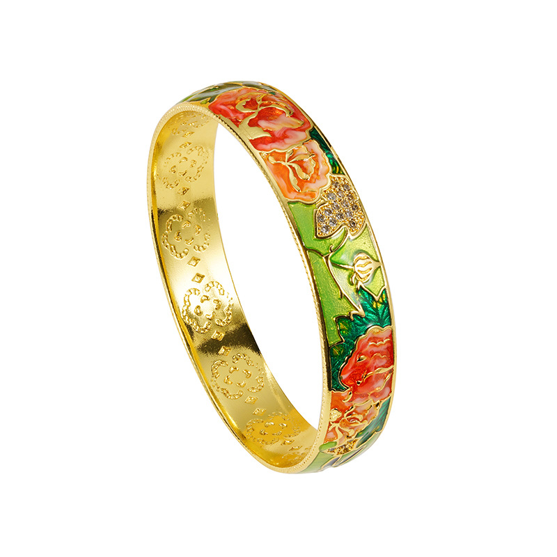Gufasha oro esmalte laqueado pulsera de color esmalte flores de melocotón Sansheng III flores de estilo chino fábrica de joyas al por mayor