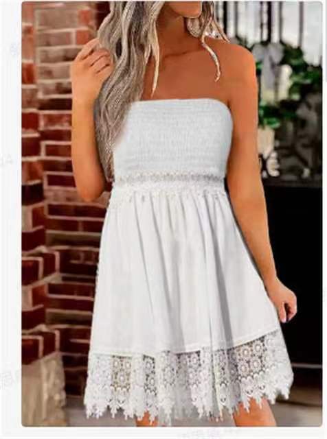 Self-developed 2023 Summer Beach Dress Pure Color Mid-length Dress Bohemian Strapless Lace Wrap Self-developed 2023 Summer Beach Dress Pure Color Mid-length Dress Bohemian Strapless Lace Wrap