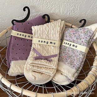Purple Floral Socks Children's Mid-length Socks Autumn Style Cute White Bow Mid-length Socks Sweet Vintage Llace Socks