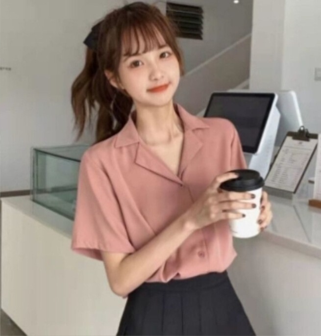 春装学院风复古韩版职业西装领翻学生夏季短袖衬衫女纯色上衣|undefined