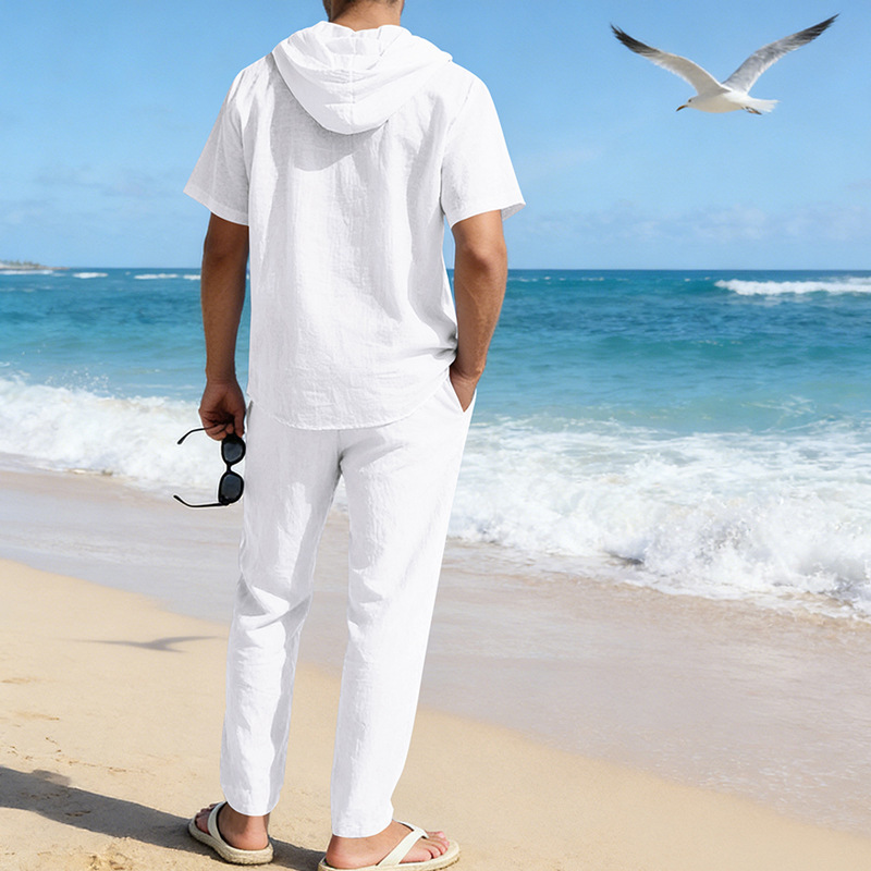 Herren Sommer Leinen Set Kurzarmhemd Und Hose Im Casual Style_voghion.com