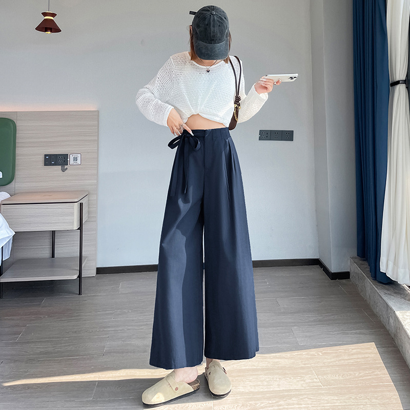 藏青色天丝仿聚酯纤维女2025年秋季新款高腰显瘦绑带九分裤裤|undefined