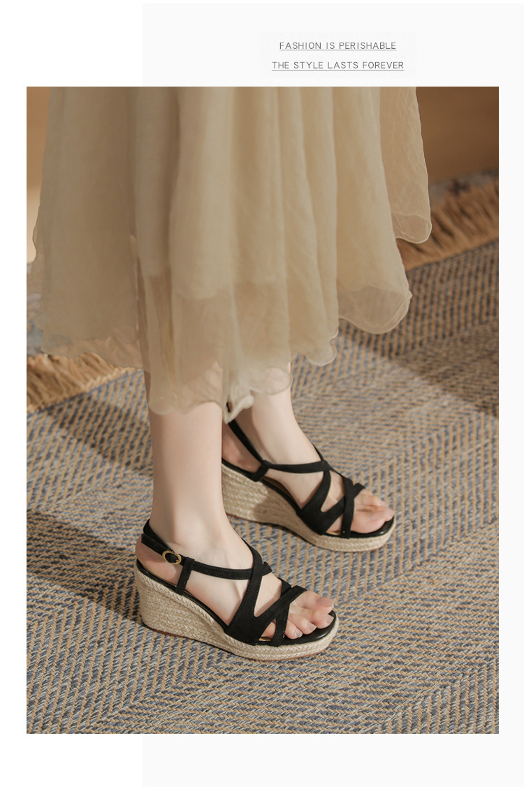 Sandal cao gót nữ hở mũi đế xuồng bọc dây thừng MJ90111 — màu đen chi tiết 14