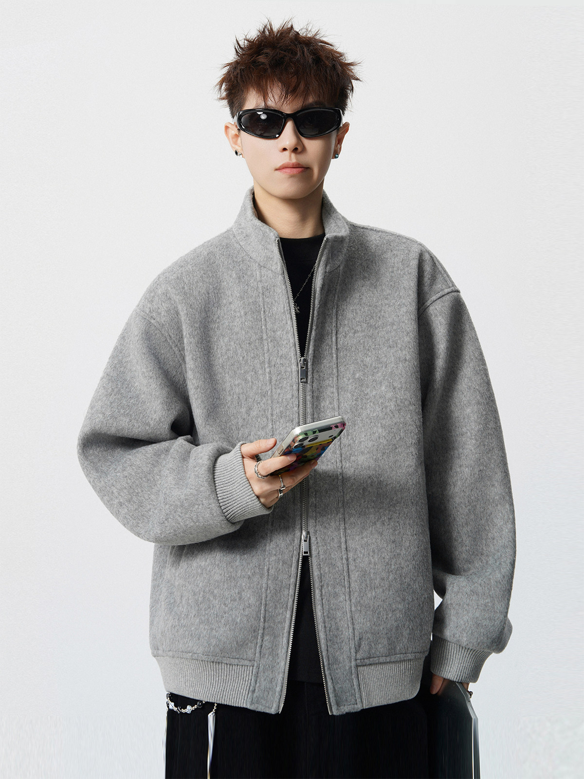 羊毛混纺双拉链毛呢夹克外套男秋冬新款宽松加厚百搭休闲拉链开衫