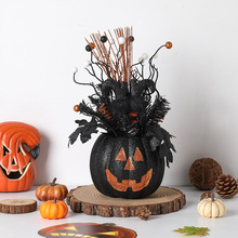 纵鸿跨境万圣节黑色南瓜花盆摆件南瓜插枝鬼节恐怖氛围装饰道具