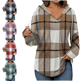European and American Cross-border 2024 Hooded Pullover V-Neck Wool Unpositioned Drawstring Casual Plaid Long-sleeved Shirt for Women