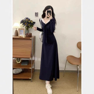 大码韩版高级感长袖连衣裙女秋季胖MM遮肚显瘦裙子别致漂亮a字裙