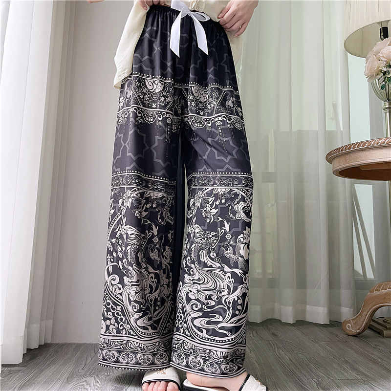 Pantalones de pijama de seda de algodón para mujer Pantalones de pierna ancha casuales impresos de dibujos animados delgados de verano las mujeres embarazadas pueden usar pantalones de comercio exterior pantalones de una sola capa