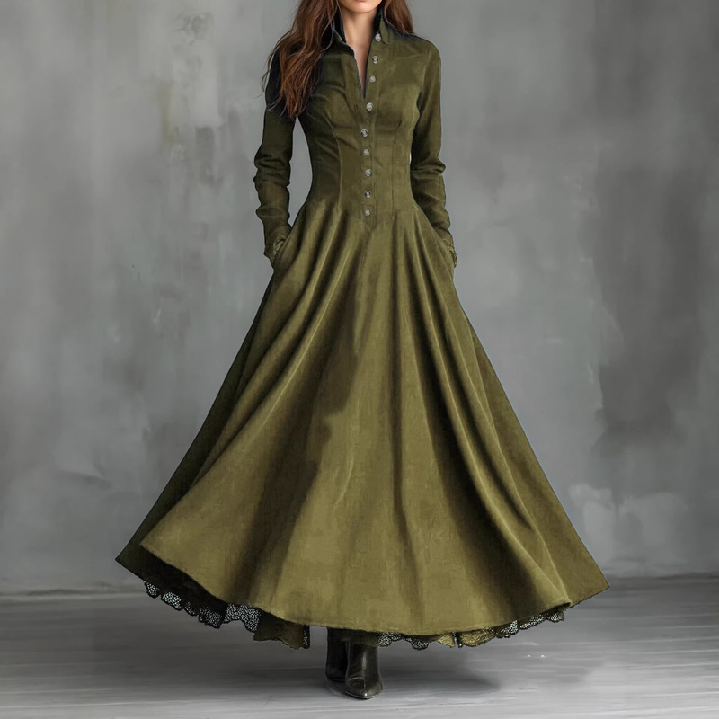 European and American Cross-Border 2025 Independent Fashion Site French Retro Style Faux Suede Lace Trim Patchwork Shirt Long Dress