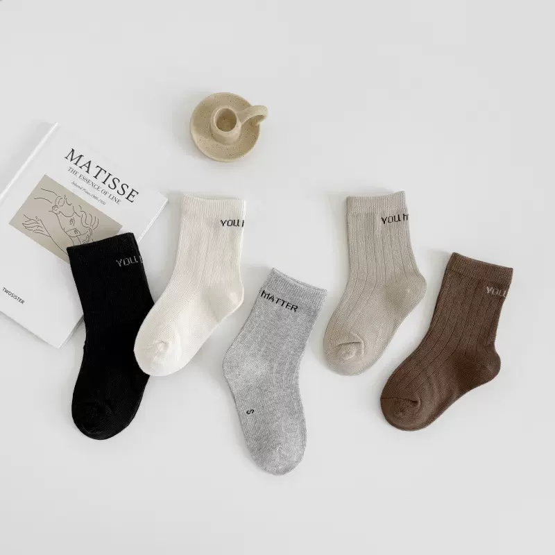 2025秋冬儿童袜子百搭字母中筒袜棉韩ins潮款男女童运动袜5双装