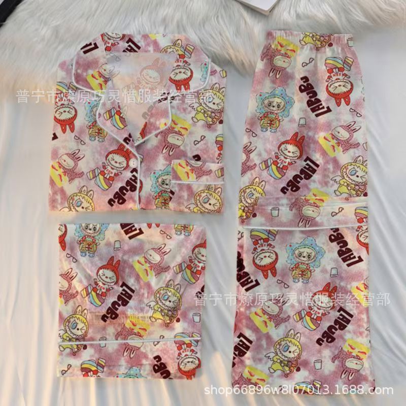 Hermosos pijamas de tela de rabu mujeres primavera y otoño verano nubes de algodón dulce mangas cortas pantalones cortos de tres piezas ropa para el hogar
