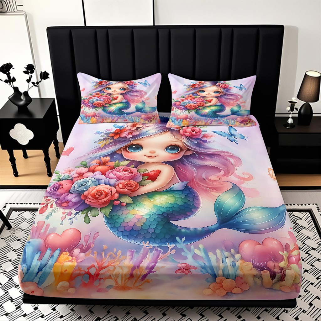 JIT modo Temu 3D impresión de caricatura sirena cama textil casera camisa ropa de cama tres piezas set transfronterizo mayorista