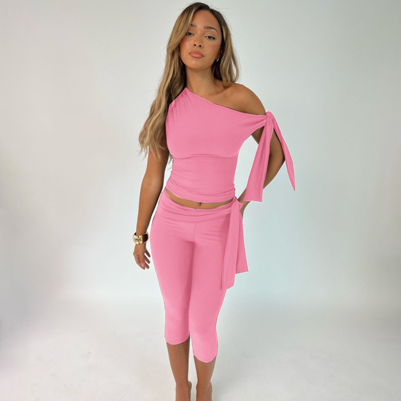 Women's Clothing Women's Sleeveless Asymmetrical Neck Top And Tie Shorts Versatile Set Slim Fit Street Style Fashion Autumn_ecoleips.com