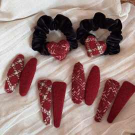 新年红色温柔毛呢发饰女格纹布艺侧边发夹简约百搭扎马尾皮筋发绳