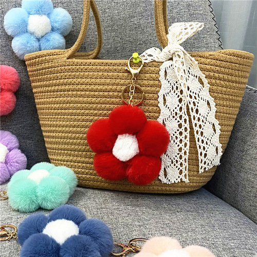 Creative flower fur ball keychain, cute plush flower bag pendant, mobile phone accessories, car key ring gift