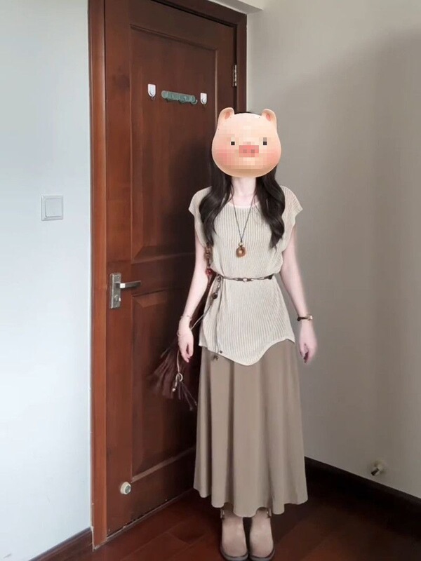 套装女夏新款纯色腰链针织镂空罩衫高腰显瘦百搭背心连衣裙两件套|undefined