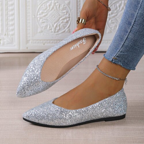 European and American spring/summer new women's shoes: sequined, shimmering silk low-cut women's pumps, pointed-toe, flat-soled, low-heeled casual shoes.