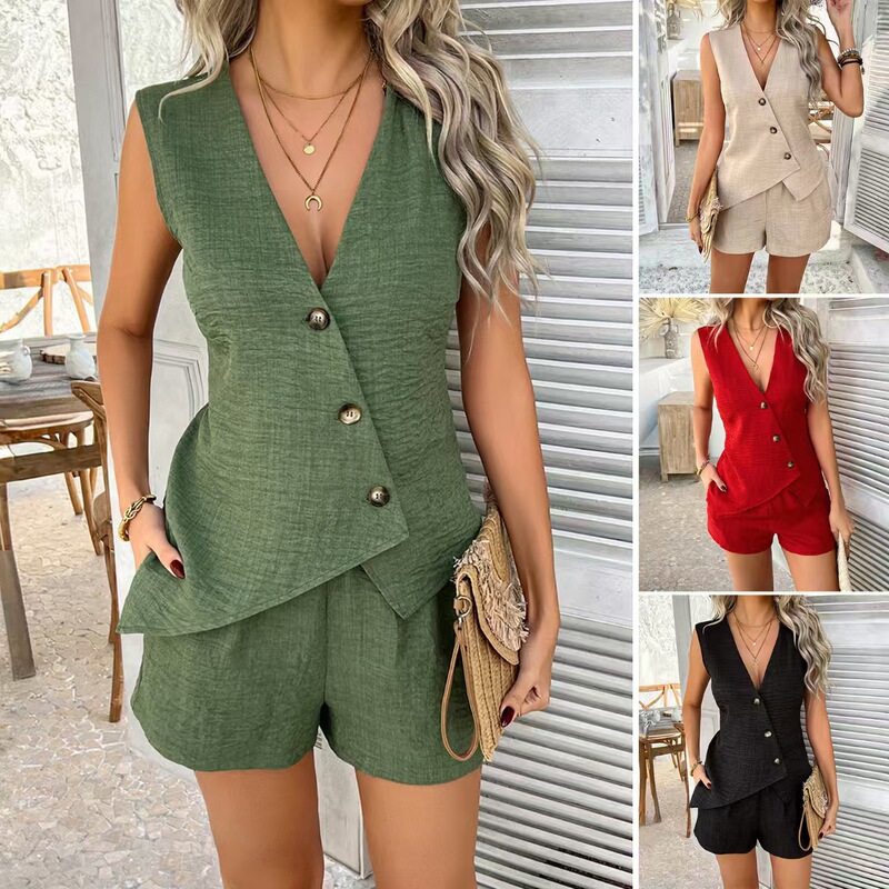 2026 Cross-Border European and American Summer Casual Solid Color Vacation Style Buttoned Sleeveless Cardigan Vest Shorts Set Women's Clothing 2026 Cross-Border European and American Summer Casual Solid Color Vacation Style Buttoned Sleeveless Cardigan Vest Shorts Set Women's Clothing