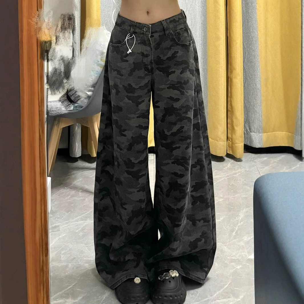 Американские камуфляжные джинсы Женская высокая талия свободная горячая девушка прямая одежда широкие брюки для ног прилив 2024 осень и зима новая