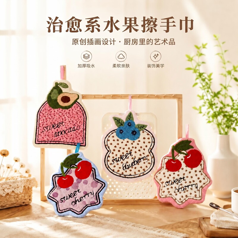 10A Antibacterial Fruit Hand Towel, Class a Coral Fleece, Thickened, Absorbent, Hanging Type, Cute Small Towel for Kitchen and Bathroom
