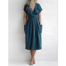 亚马逊独立站2025棉麻休闲口袋连衣裙