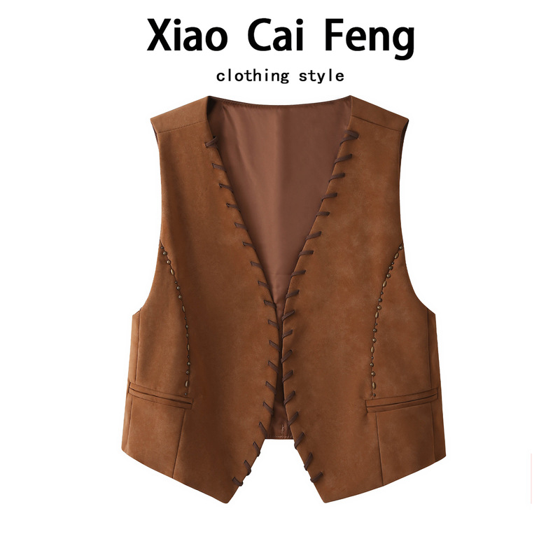 Vintage Suede Brown Vest for Women, Spring and Autumn Fashionable Stylish V-Neck Layered Irregular Waistcoat Melad Top