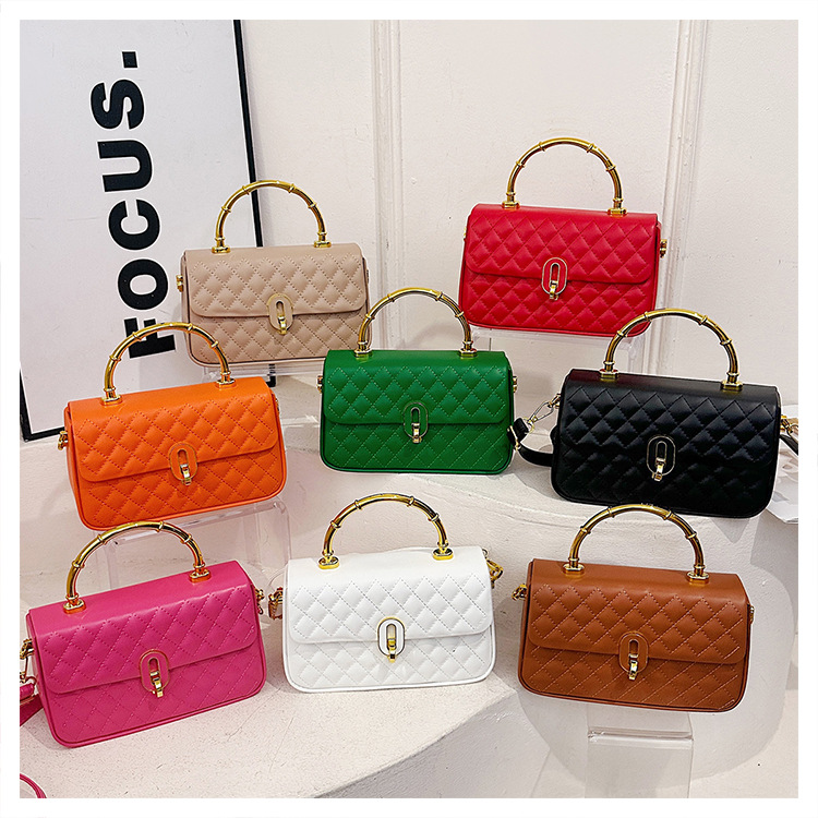 Borsa trapuntata a rombi in stile coreano, borsa a tracolla alla moda di grande capacità con manico in bambù, ideale per gli spostamenti quotidiani._voghion.com