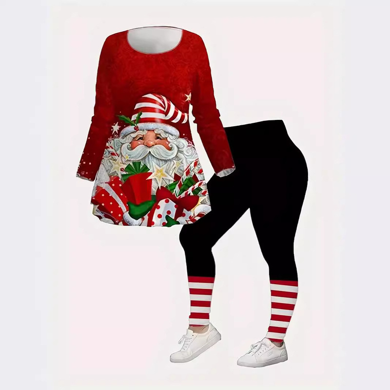 Women's European and American Long-Sleeved T-Shirt Christmas-Themed Printed Slim-Fit Pants Yoga Pants Set Wa36+Wc1
