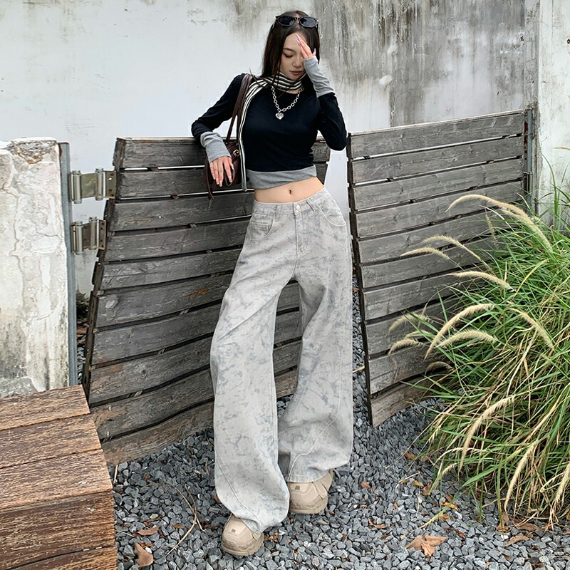 【Ae】Vintage Wasteland Style Tie-Dye Wide-Leg Jeans for Women, New Straight Wide-Leg Pants, Cropped & Full-Length & Extended Length