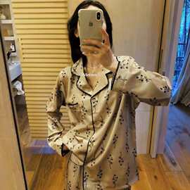 新款睡衣春秋季海岛碎花家居服韩国贵妇轻奢女士开衫长袖长裤套装