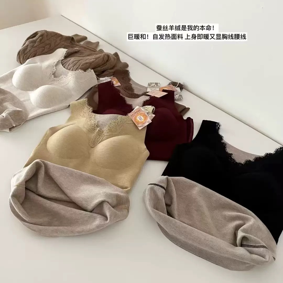 Cachemira de seda natural de morera, cuello en V, encaje molido, autocalentamiento sin marca, chaleco caliente de otoño y invierno para mujeres delgadas con base interior