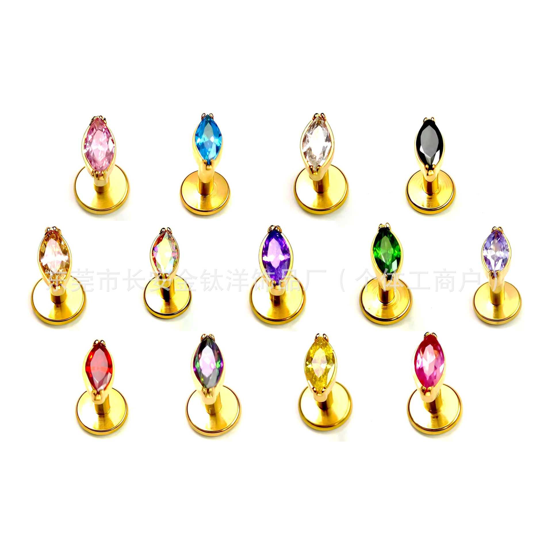 F136 Titanium Gold Plated Horse Eye Lip Nail with 5A Zircon Earrings Ear Nail Nose Nail G23 Titanium Alloy Puncture Jewelry detail image 5