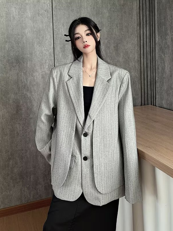假两件廓形高级感西装外套女2025年春季宽松质感中性垫肩西服上衣|undefined