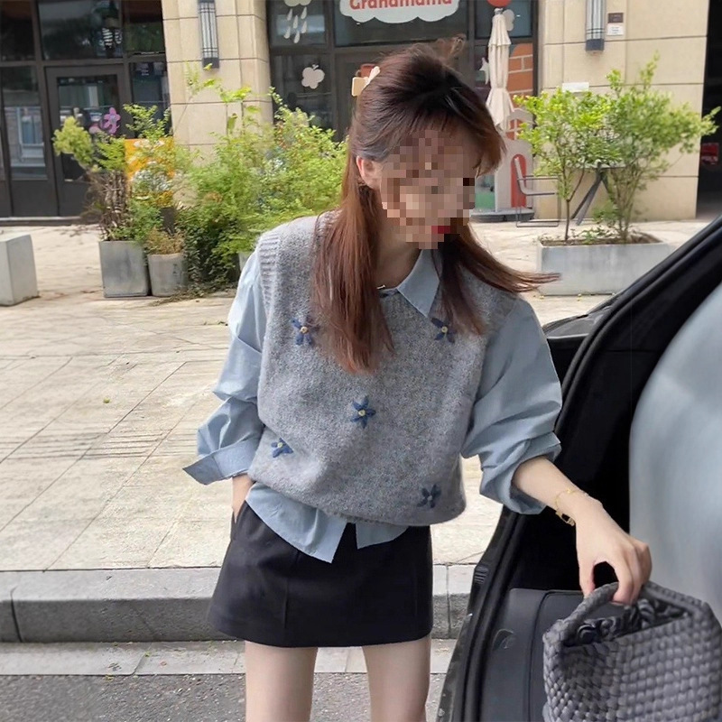 French Alpaca Embroidered Knitted Sleeveless Vest Vest for Women in Autumn and Winter Layered Short Sweater Vest Top for Outer Wear