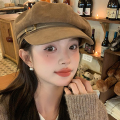 秋冬新款高品质麂皮绒报童帽子女2025新款显脸小八角画家帽