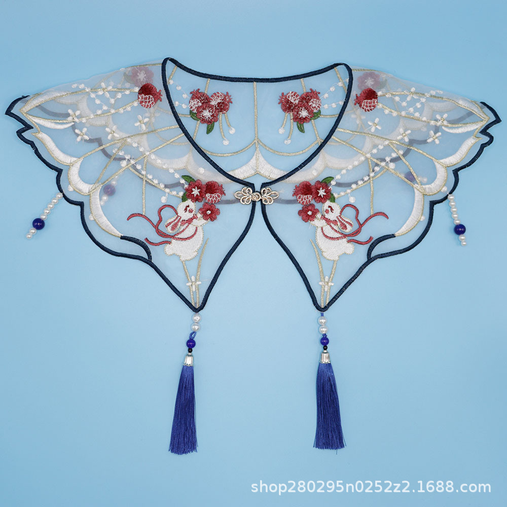 Jade Rabbit Embroidery Cloud Shoulder Straps Tassel Button Organza Shawl False Collar Children's Tassel Hanfu Collar Decoration