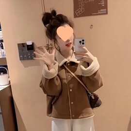 美拉德皮毛一体短外套女2025秋冬新款加绒加厚保暖小个子外套上衣