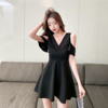 Nightclub sexy flip V-neck low cut off shoulder sleeve waist A-line umbrella swing skirt base short skirt vest dress