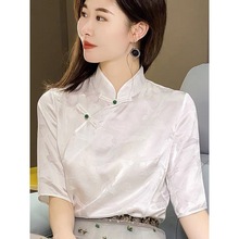 复古小立领改良旗袍衬衫女2023年夏季新款中国风盘扣白色中袖衬衣