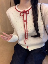 红色波点外搭短款毛衣外套女秋冬2025新款韩系小个子针织开衫上衣
