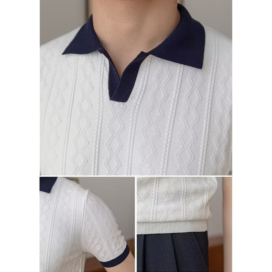Polo camiseta de punto camiseta de manga corta hombre cuello en V cuello gaviota color de textura vieja camiseta de viento de verano fábrica transfronteriza al por mayor