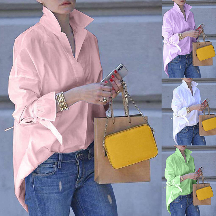 Wish Popular Spring and Summer Women's Long-Sleeved Shirts European and American Street Fashion Loose Pure Color Large Size Shirts for Women