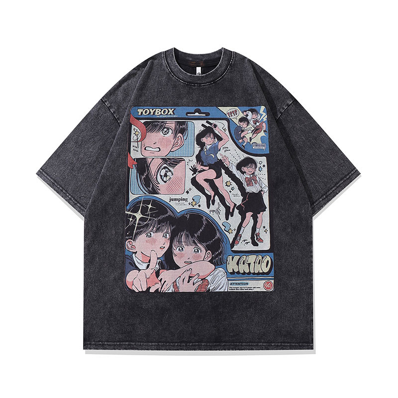 TKPA夏季男式街頭潮牌水洗做舊短袖T恤男女卡通印花情侶半袖tee恤