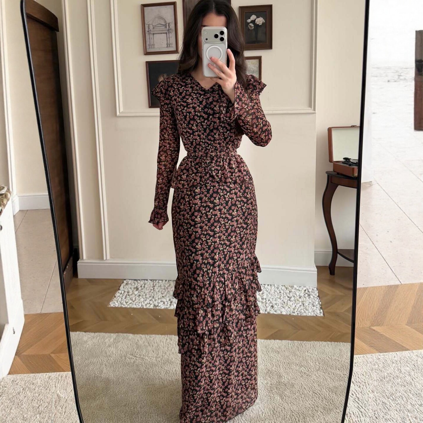 European and American cross-border women's clothing 2026 spring-summer new V-neck slim-fit ruffle long dress European and American long-sleeved maxi dress