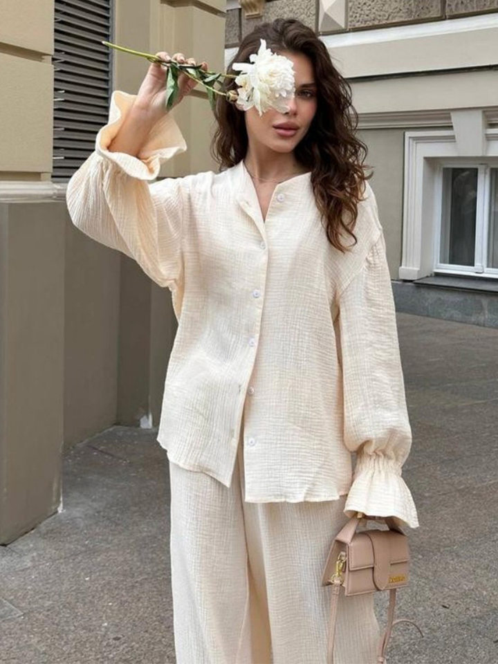 Bộ cardigan dài tay + quần ống rộng tay đèn lồng chất liệu cotton — màu hồng, màu đen, quả mơ chi tiết 14