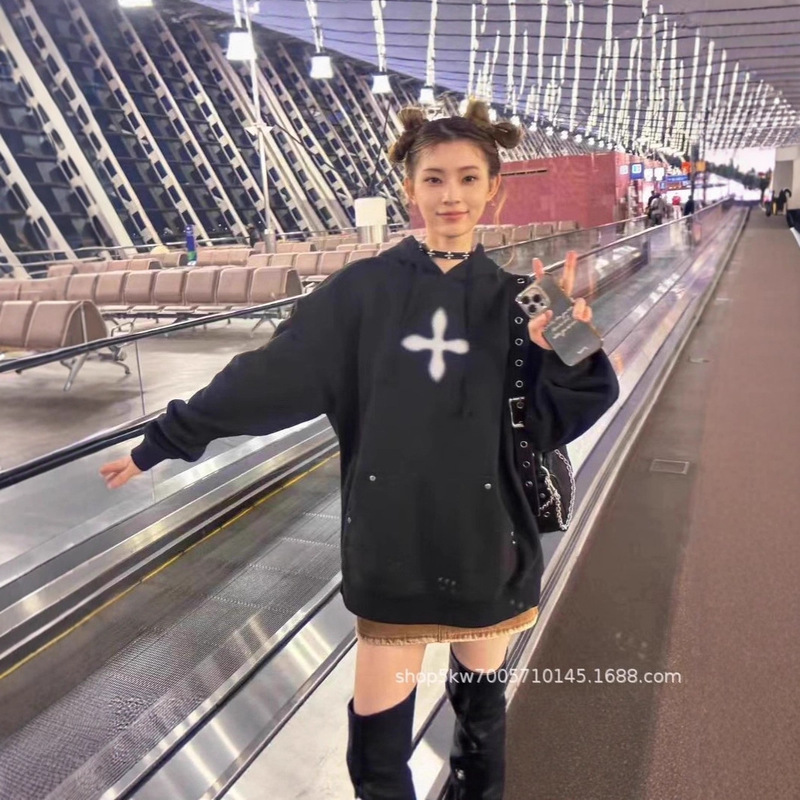 Smfk Classic Cross Flower Graffiti/Wilderness Camp Wide Hoodie Ch006B1/F/Lt Hooded Sweatshirt Women's Spring