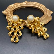 青岛中古vintage欧美复古镀金镂空耳钉镶珍珠优雅中长款耳饰