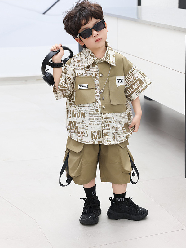 7191 niño vestido de verano hermoso traje de herramientas fino para niños 2025 nuevo estilo coreano camisa de manga corta pantalones cortos para bebé