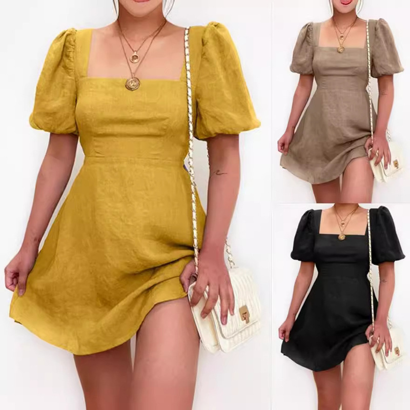2023 Independent station Amazon cross-border Women's cotton and linen solid color square collar lantern short sleeve A- line mini dress